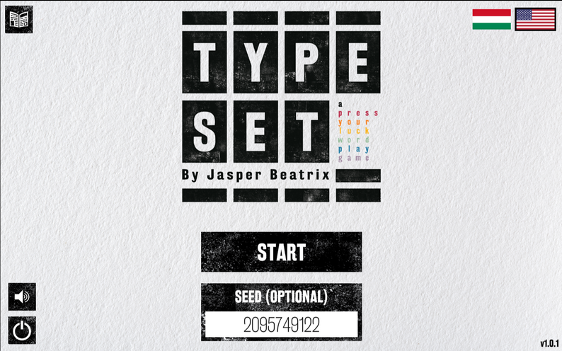 TYPESET start screen with language controls and a numeric seed entered before starting.