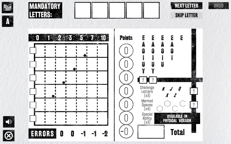 TYPESET gameplay board showing the mandatory-letter row and available letter pools.