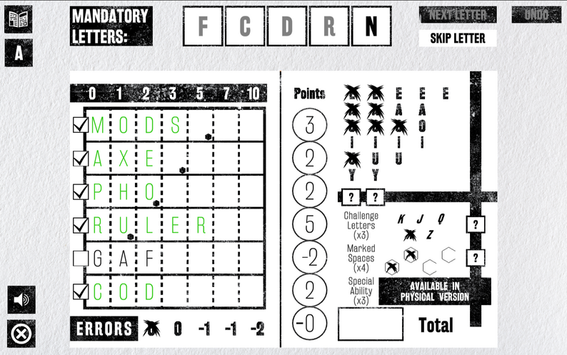 TYPESET digital edition gameplay board showing placed words, letter choices, error states, and scoring.