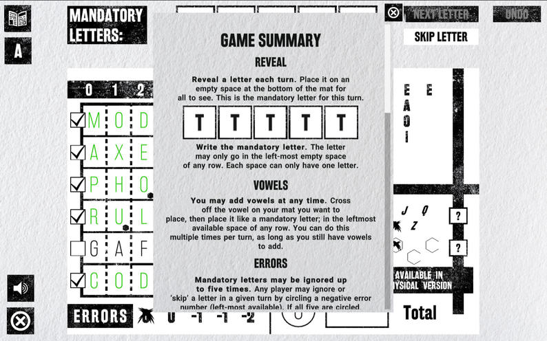 TYPESET in-game rules summary displayed over an active gameplay board.